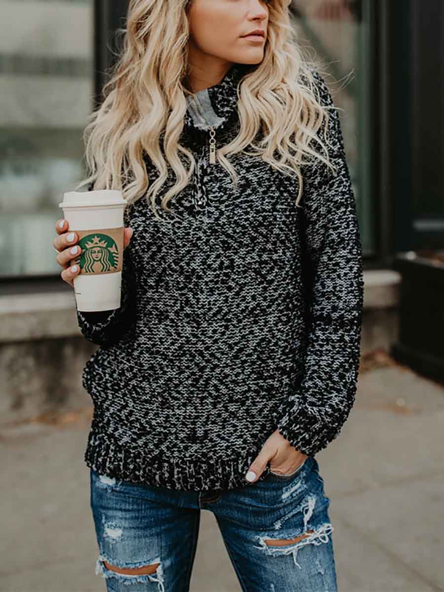 Lunimesd Mixed Color High Neck Zipper Sweater