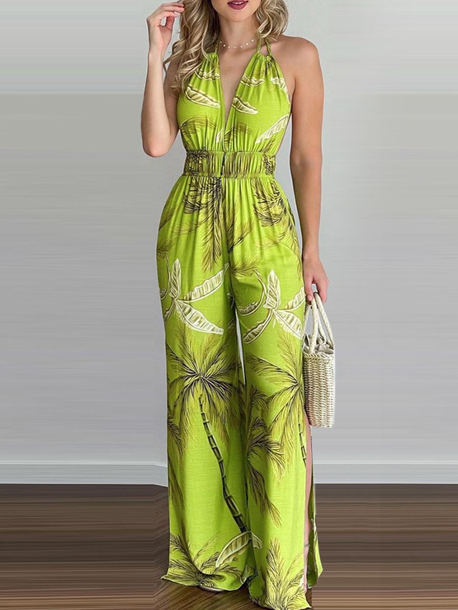 Lunimesd Printed Hanging Neck Sexy Backless Split Jumpsuit
