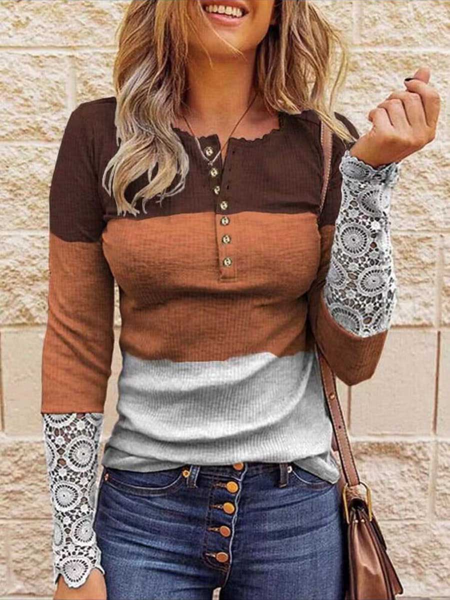 Lunimesd Round Neck Stitching Lace Long Sleeve T-Shirt(14 colors)