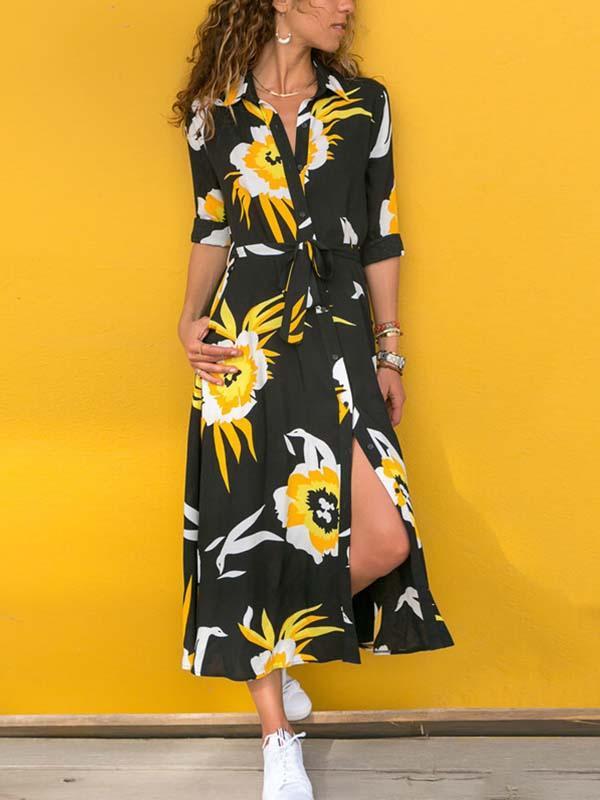 Lunimesd Printed V-neck Belt Dress
