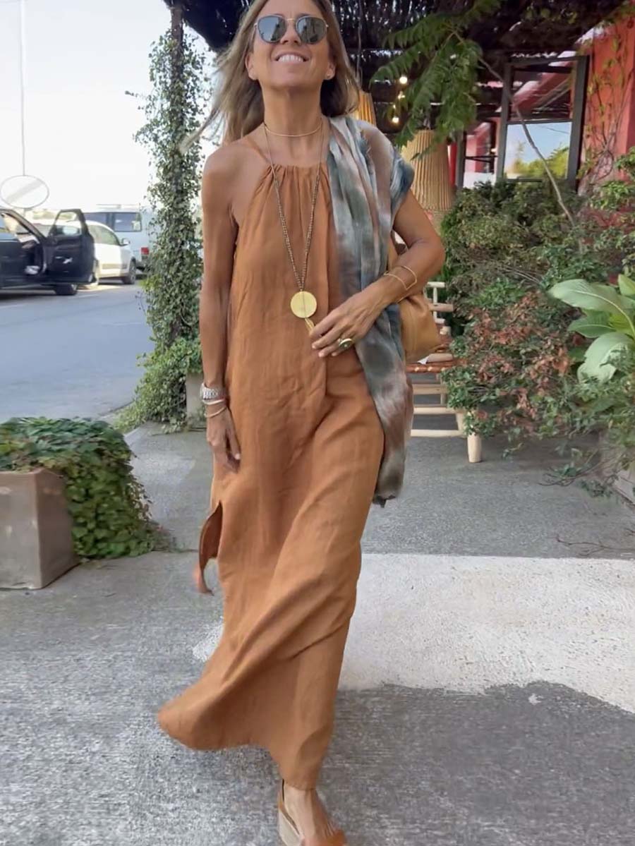 Lunimesd Hanging Neck Slit Casual Vacation Dress