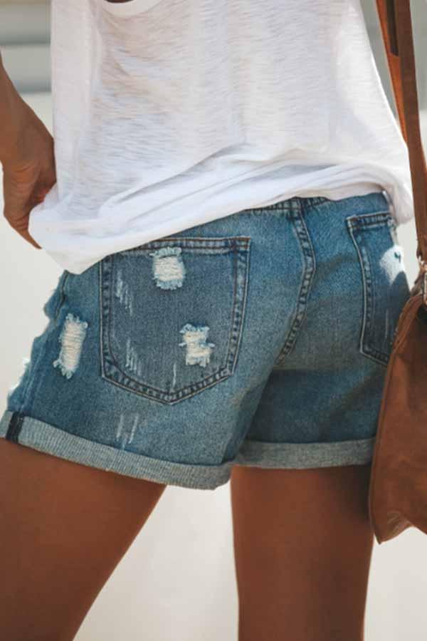 Regular Waist Solid Color Regular Fit Hole Denim Shorts