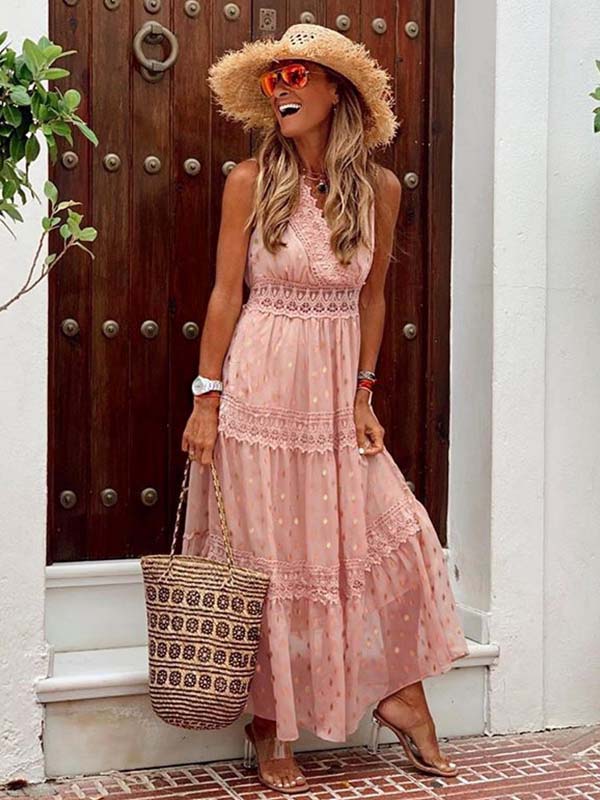 Lunimesd Stylish PolkaDots Print Lace V-Neck Maxi Dress