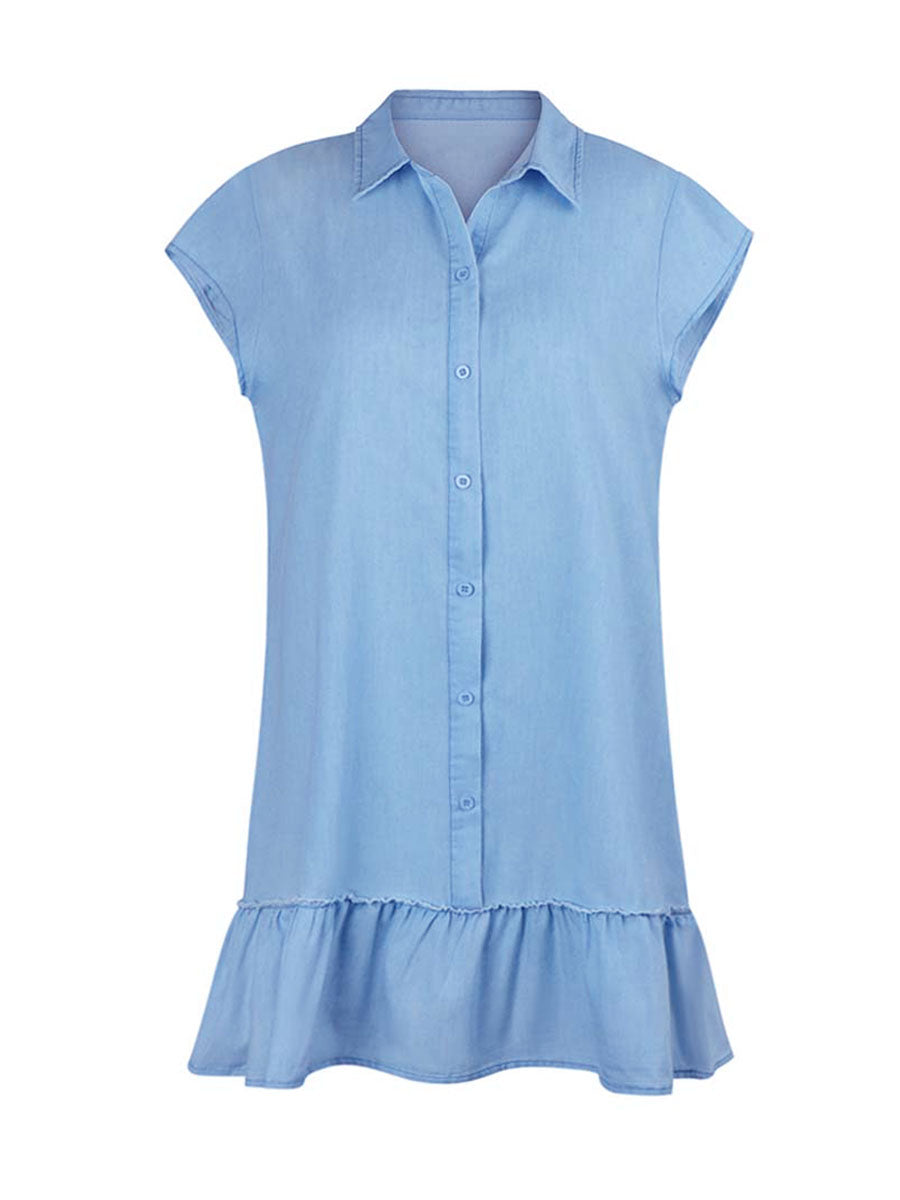 Button Ruffle Denim Dress