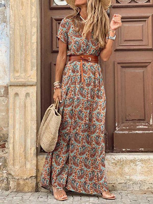 Lunimesd Boho Style V-neck Floral Belt Dress (7 colors)