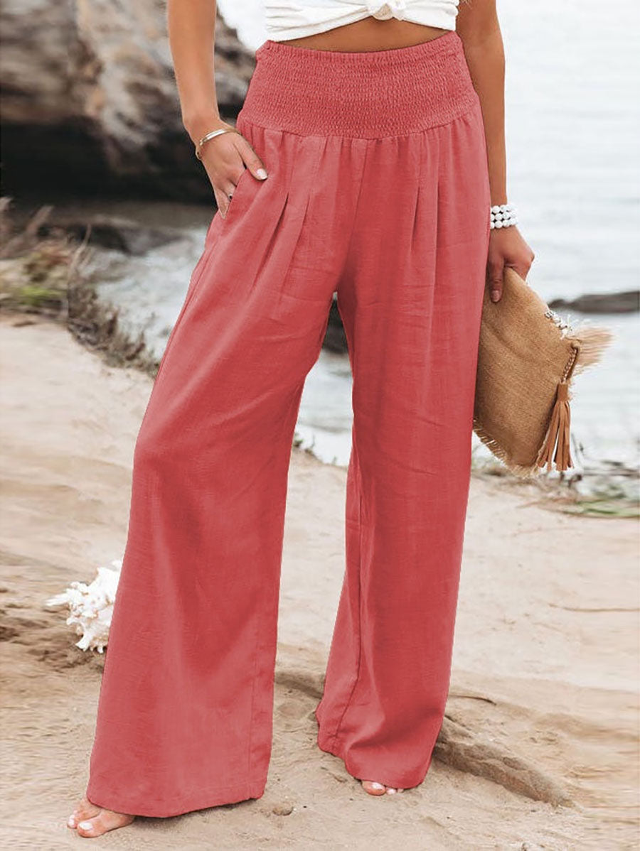 Lunimesd Fresh Air Linen Blend Pocketed Smocked Pants(10 Colors)
