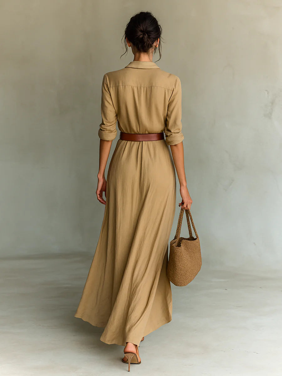 WOMEN'S LONG-SLEEVED SHIRT WITH LAPELS, MAXI DRESS WITH BELT