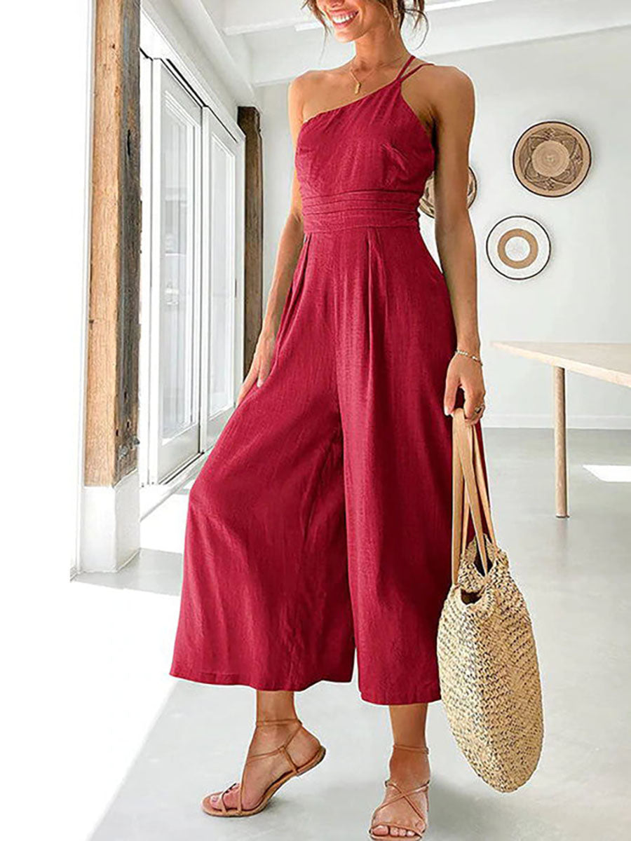 Lunimesd Chic Journey One Shoulder Straps Wide Leg Jumpsuit（8 colors）
