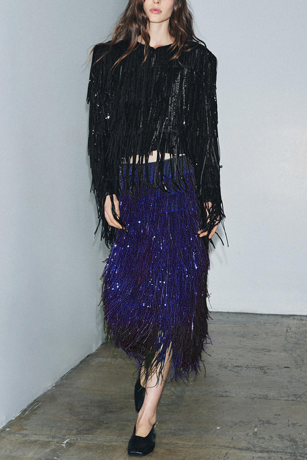SEQUIN TASSEL HIGH RISE MIDI SKIRT