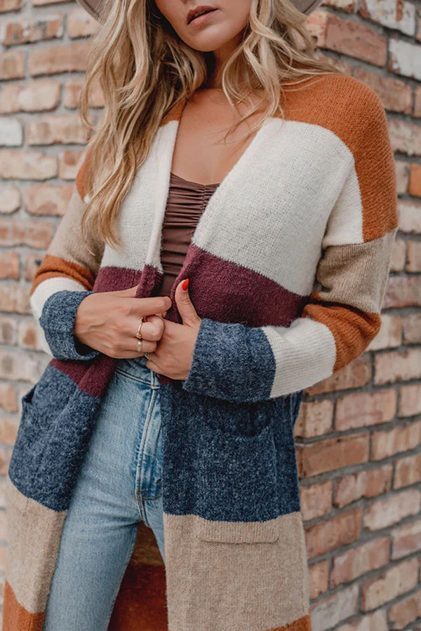 Lunimesd Multicolor Knitted Color Block Open Front Long Cardigan