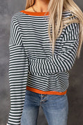 Lunimesd Striped Color Contrast Dropped Shoulder Long Sleeve Top