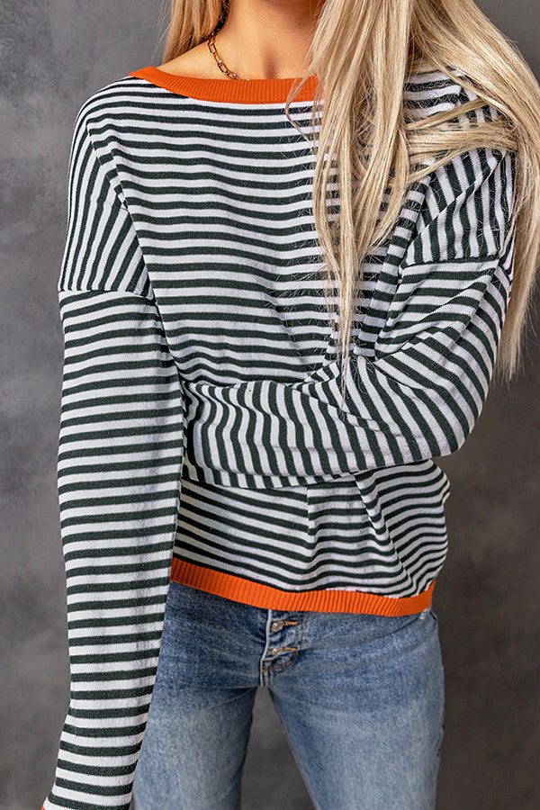 Lunimesd Striped Color Contrast Dropped Shoulder Long Sleeve Top