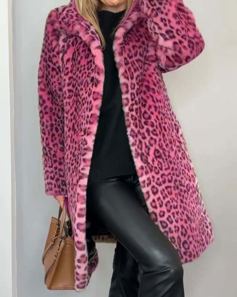 LEOPARD PRINT FAUX FUR MID-LENGTH COAT