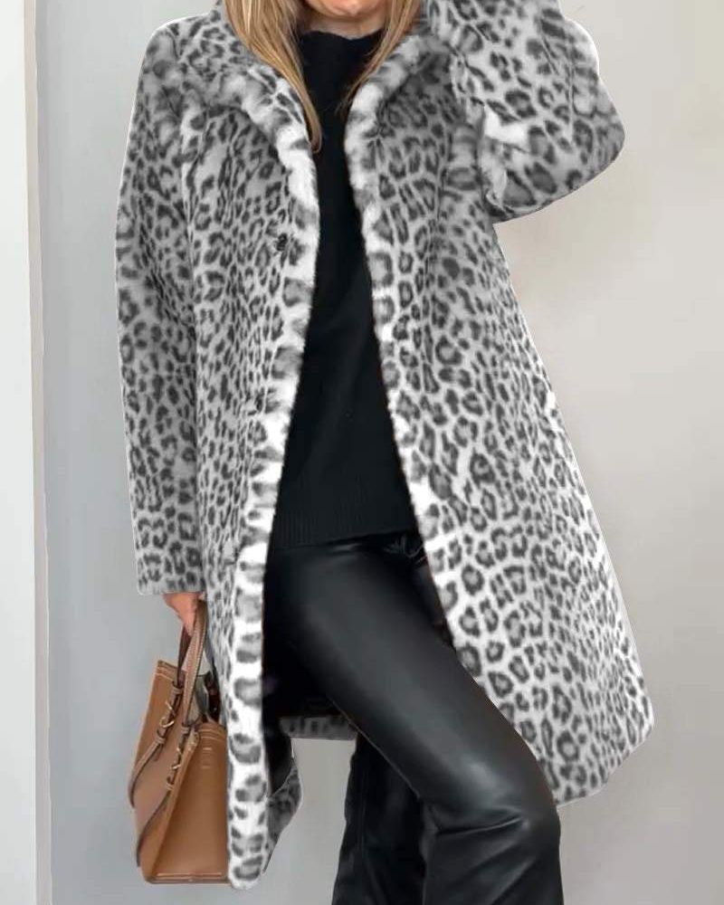 LEOPARD PRINT FAUX FUR MID-LENGTH COAT