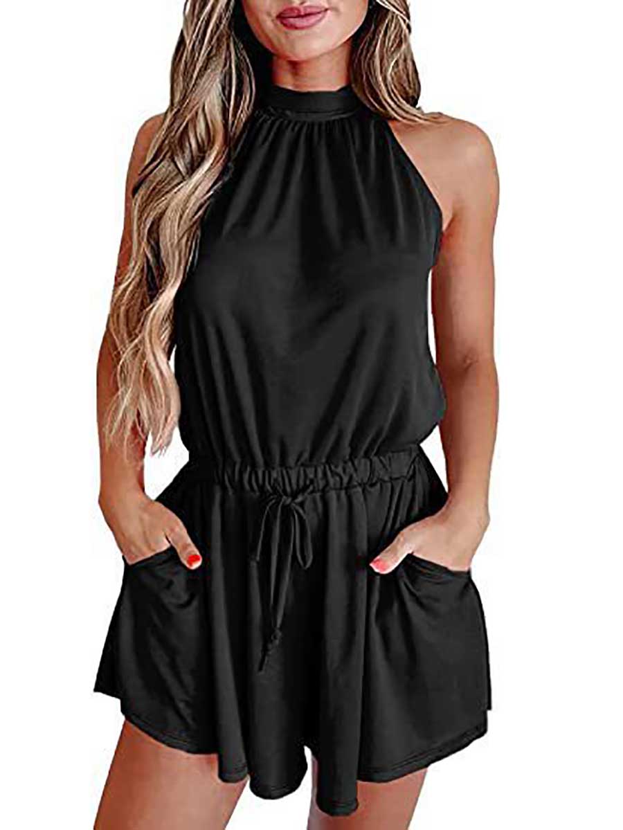 Lunimesd Elegant Waist Tie Sleeveless Hanging Neck Loose Shorts Printed Jumpsuit