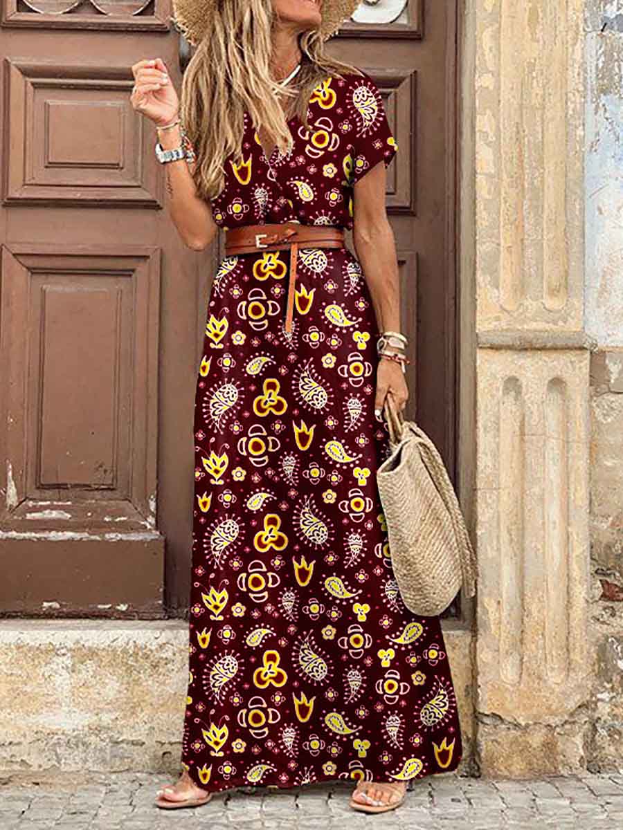 Lunimesd Boho Style V-neck Floral Belt Dress (7 colors)