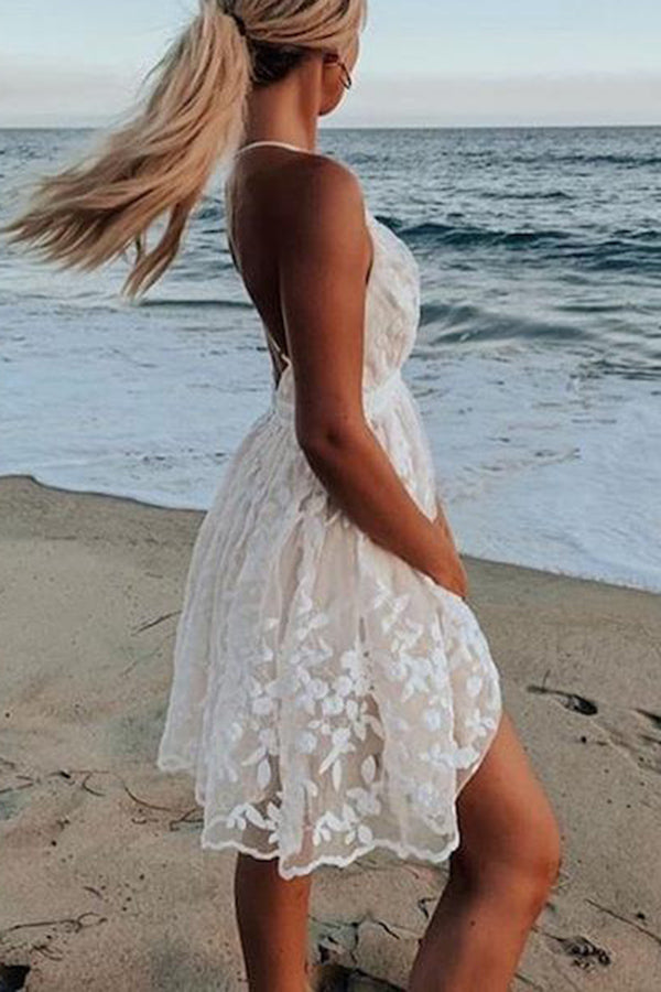 Lunimesd V-Neck Lace Embroidered White Dress