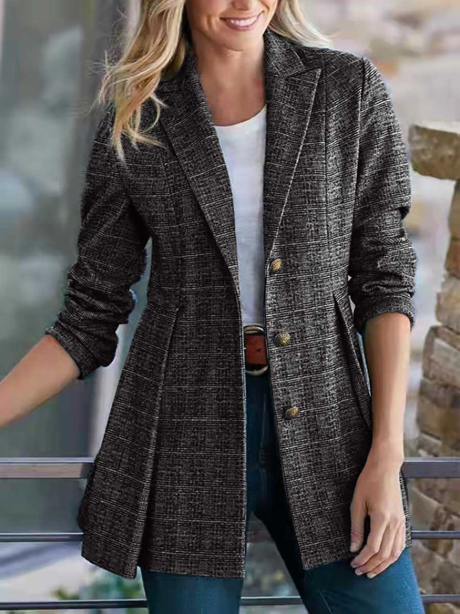 Lunimesd Fashion Street Plaid Patchwork Buckle Turn-back Collar Outerwear(3 Colors)