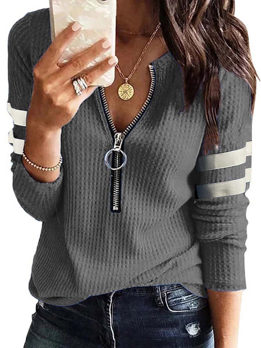 Lunimesd V-Neck Zipper Splicing Long Sleeve T-shirt(6 colors)