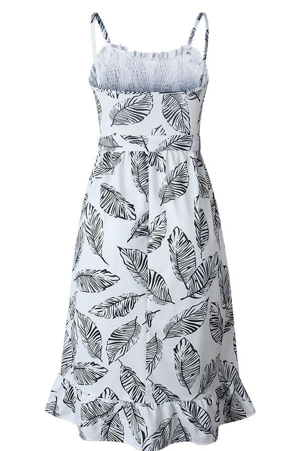 Lunimesd Sleeveless Leaf Print Spaghetti Strap Casual Wear Dress