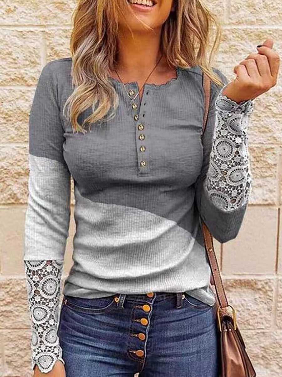 Lunimesd Round Neck Stitching Lace Long Sleeve T-Shirt(14 colors)