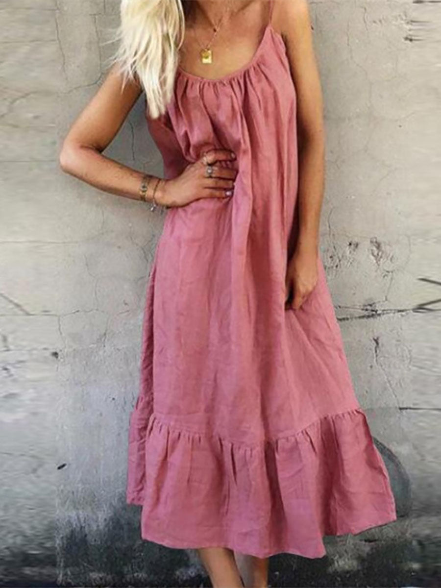 Lunimesd Cotton Linen Halter Solid Color Ruffle Dress