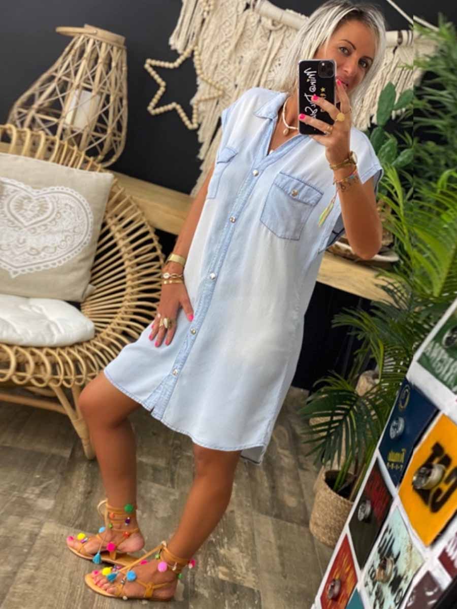 Lunimesd Sleeveless Buttoned Shirt Denim Dress