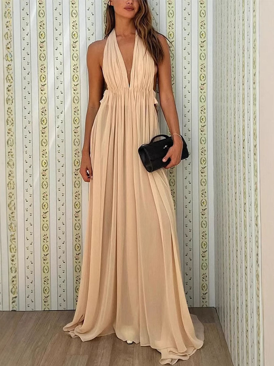 Pleated Halter Evening Dress