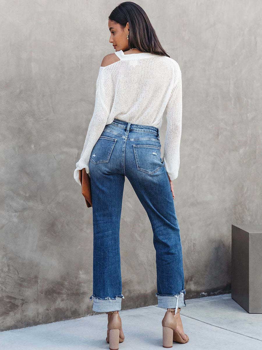 Lunimesd Casual Street Solid Make Old Asymmetrical Straight Denim Jeans