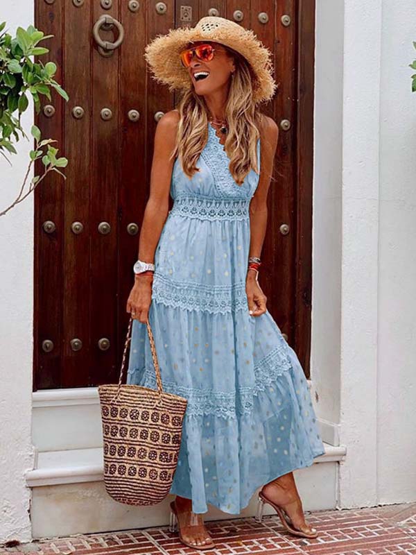 Lunimesd Stylish PolkaDots Print Lace V-Neck Maxi Dress