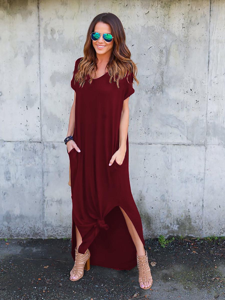 Lunimesd V-Neck Pocket Split Dress(8 colors)