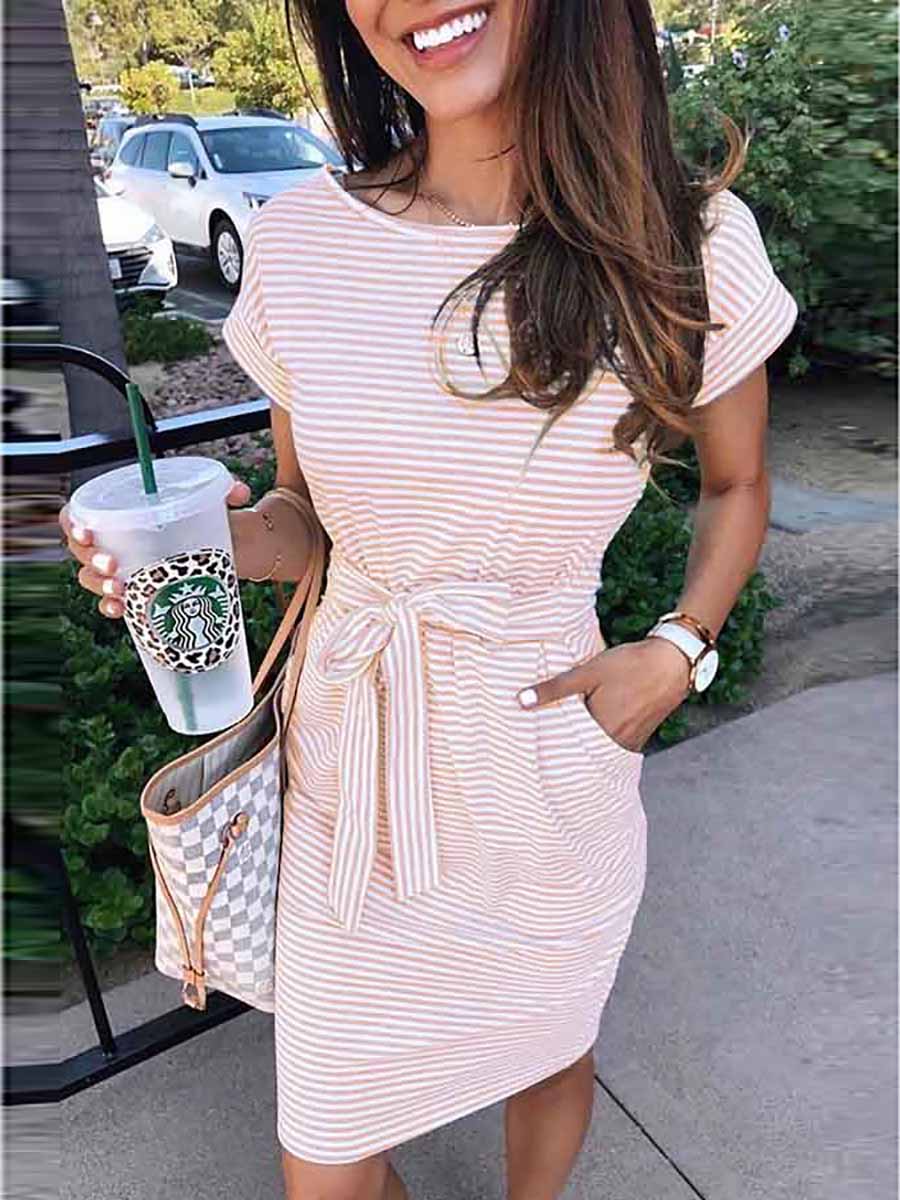Lunimesd Short Sleeve Pinstripe Round Neck Casual Wear Dress