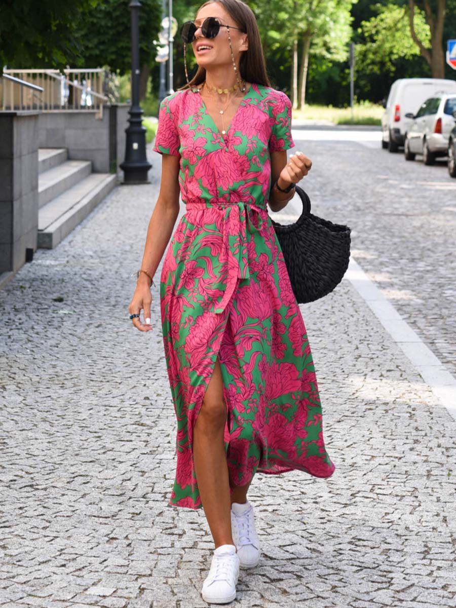 V-Neck Printed Iace Up Dress