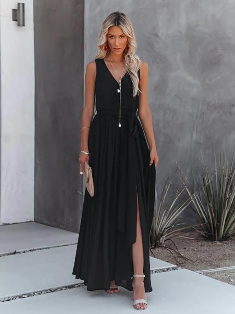 Lunimesd V-Neck Sleeveless Solid Color Dress