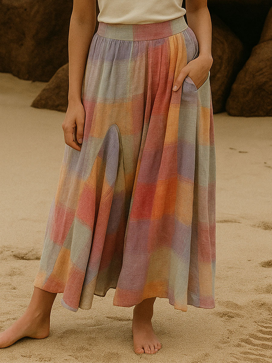 Colorful Flowy Plaid Midi Skirt