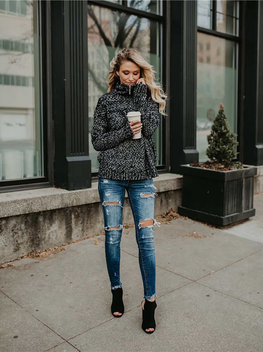 Lunimesd Mixed Color High Neck Zipper Sweater