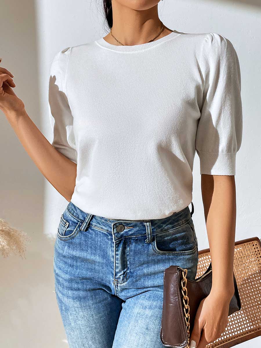 Lunimesd Round Neck Pleated Short Sleeve Solid Color Knit (5 colors)