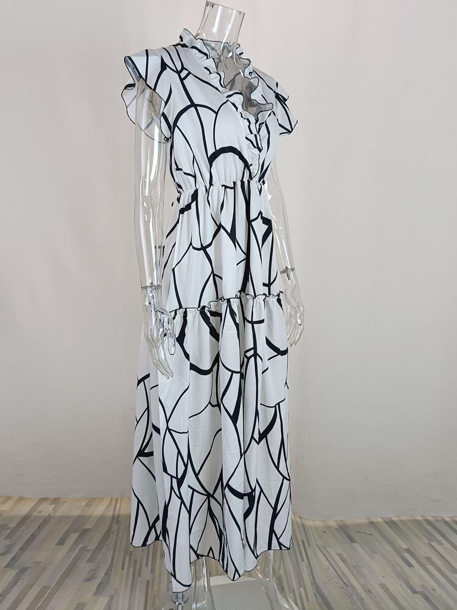 Lunimesd V-Neck Print Pleated Sleeveless Dress