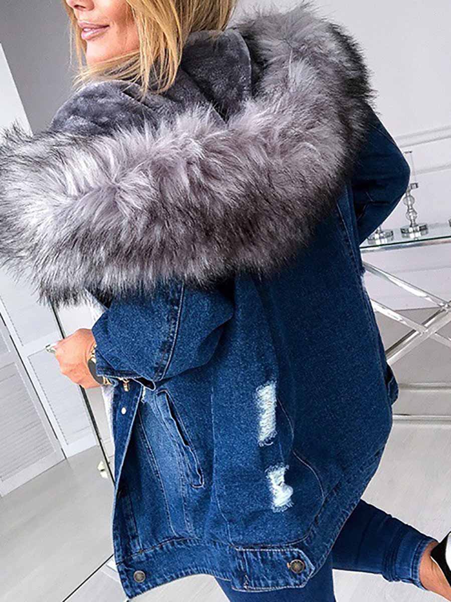 Lunimesd Padded Warm Hole Large Fur Collar Denim Jacket(4 colors)