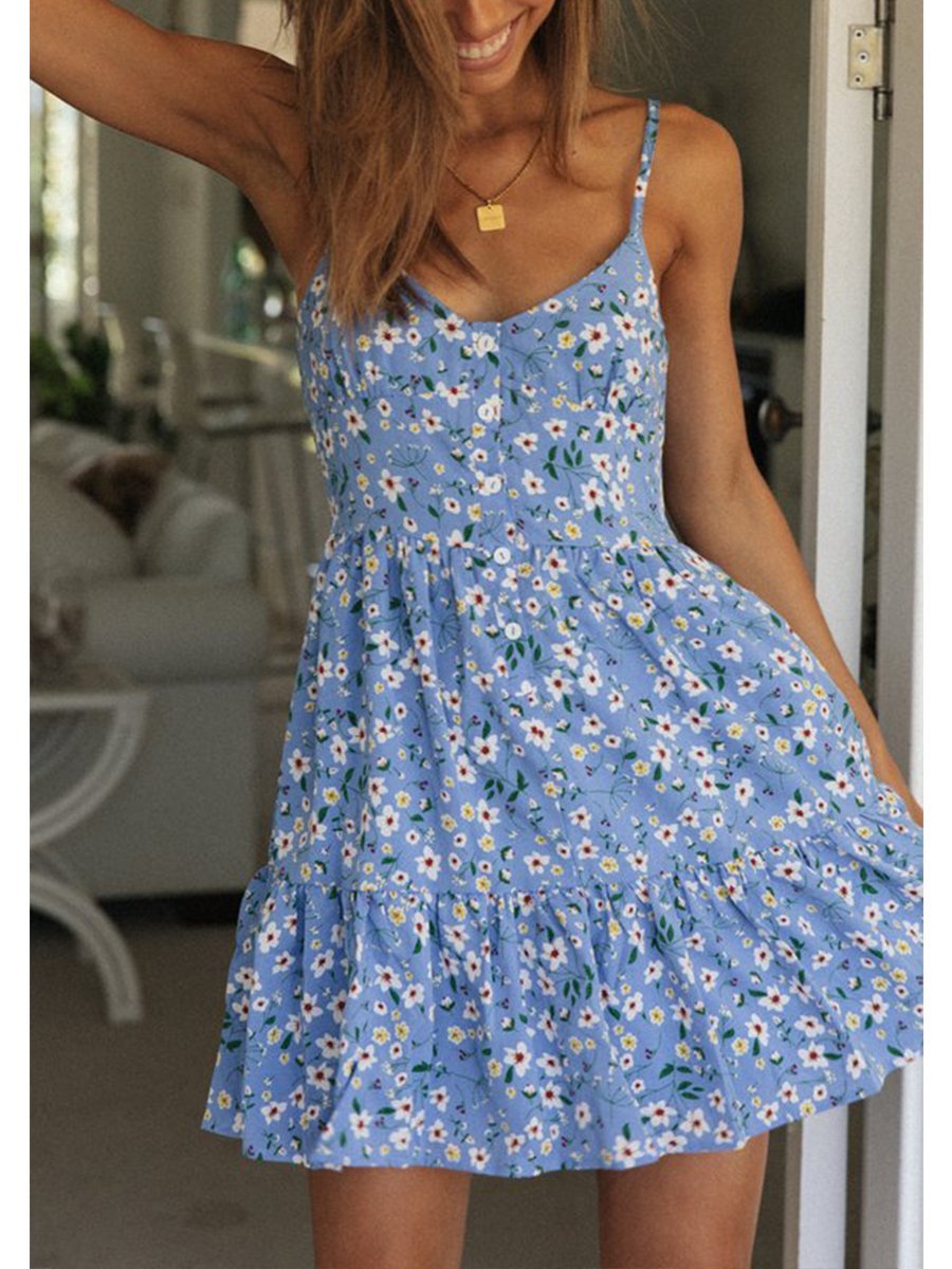 V-neck Straps Ruffle Print Mini Dress