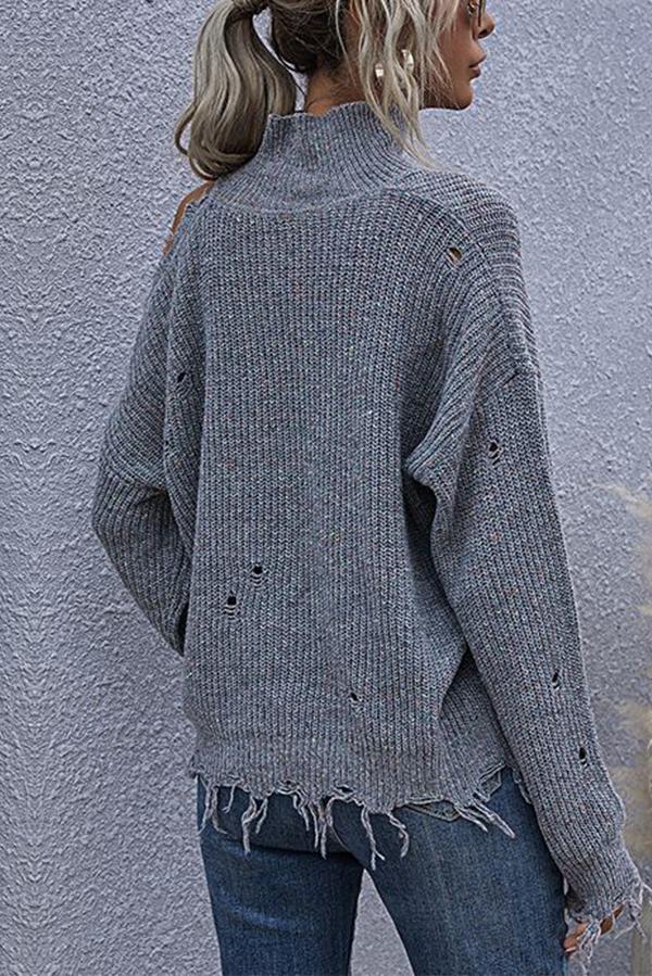 Lunimesd Loose Off-shoulder Ripped Long-sleeved High-neck Knitted Sweater