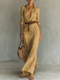 WOMEN'S LONG-SLEEVED SHIRT WITH LAPELS, MAXI DRESS WITH BELT