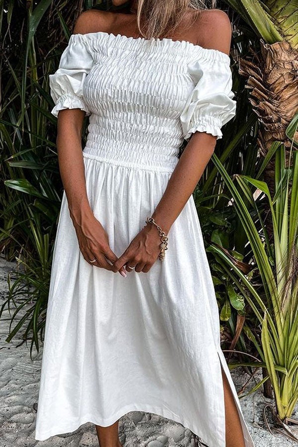 Lunimesd Forever After All Smocked Off Shoulder Slit Dress