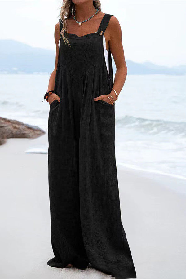 Lunimesd Ethnic Button Suspender Wide Leg Line Jumpsuit