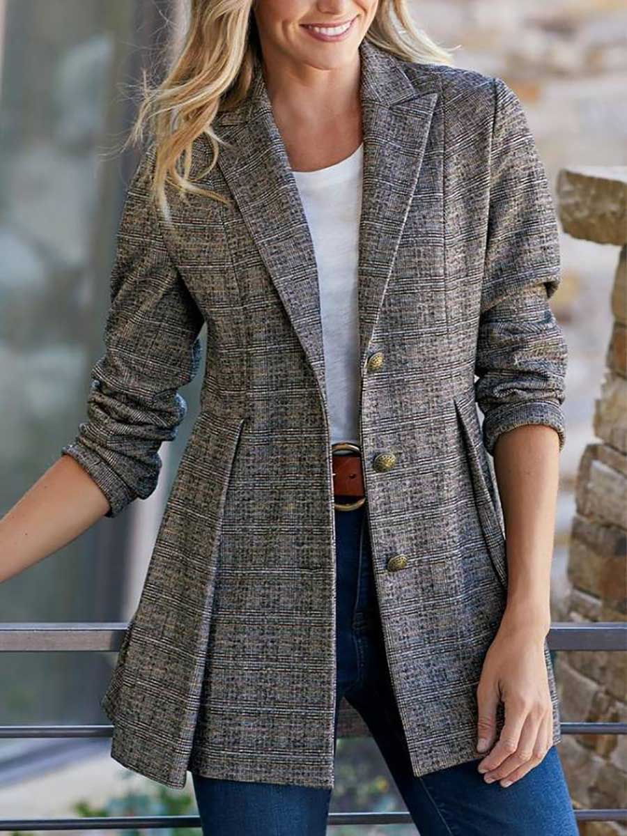 Lunimesd Fashion Street Plaid Patchwork Buckle Turn-back Collar Outerwear(3 Colors)