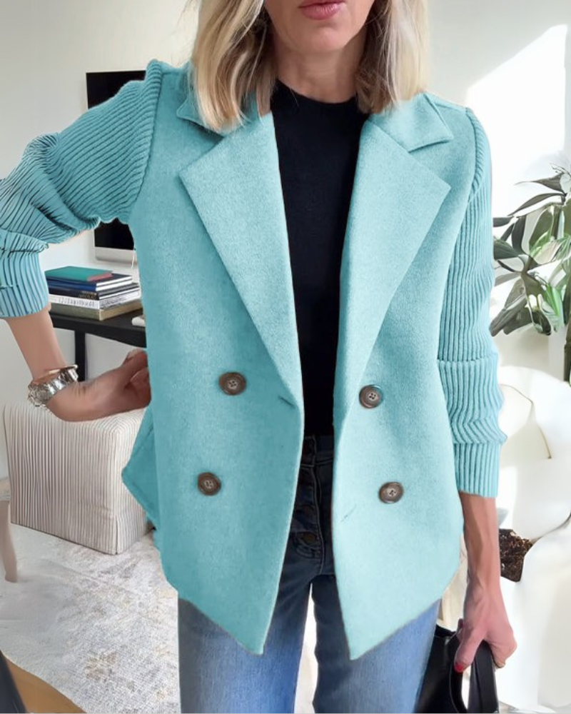 DOUBLE-BREASTED BLAZER WITH RIBBED KNIT SLEEVES