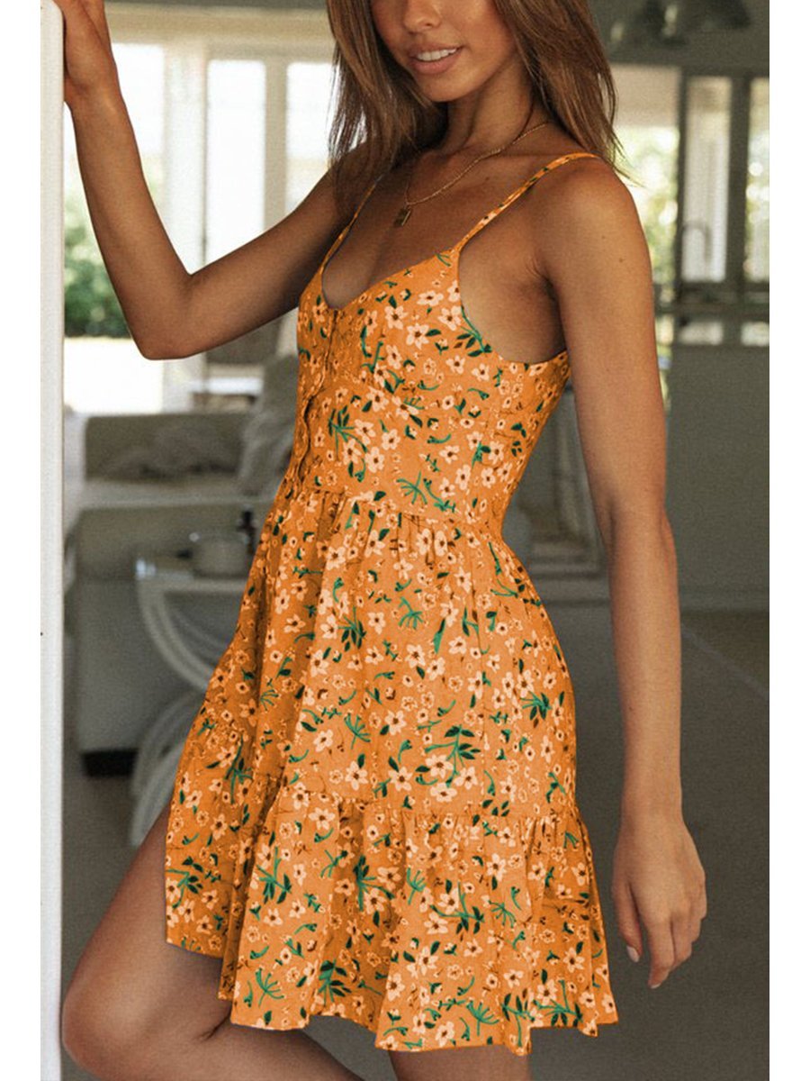 V-neck Straps Ruffle Print Mini Dress