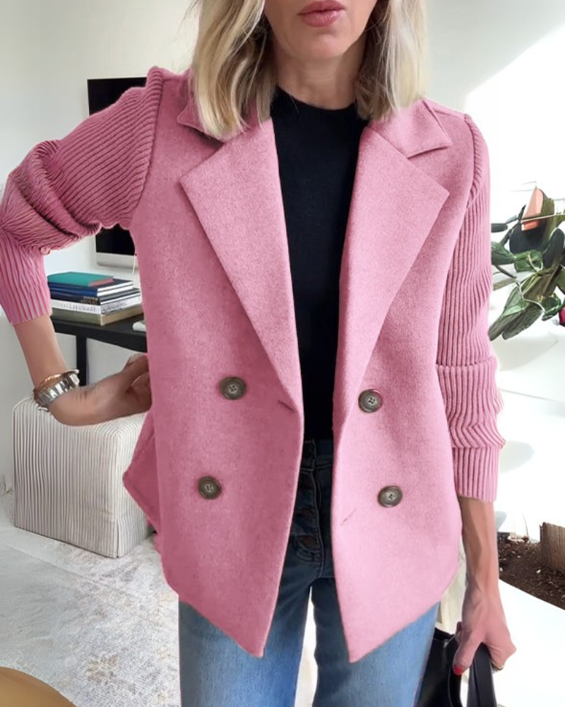 DOUBLE-BREASTED BLAZER WITH RIBBED KNIT SLEEVES