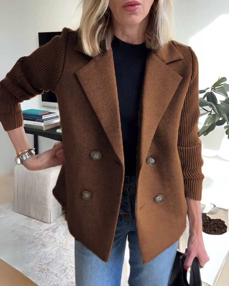 DOUBLE-BREASTED BLAZER WITH RIBBED KNIT SLEEVES