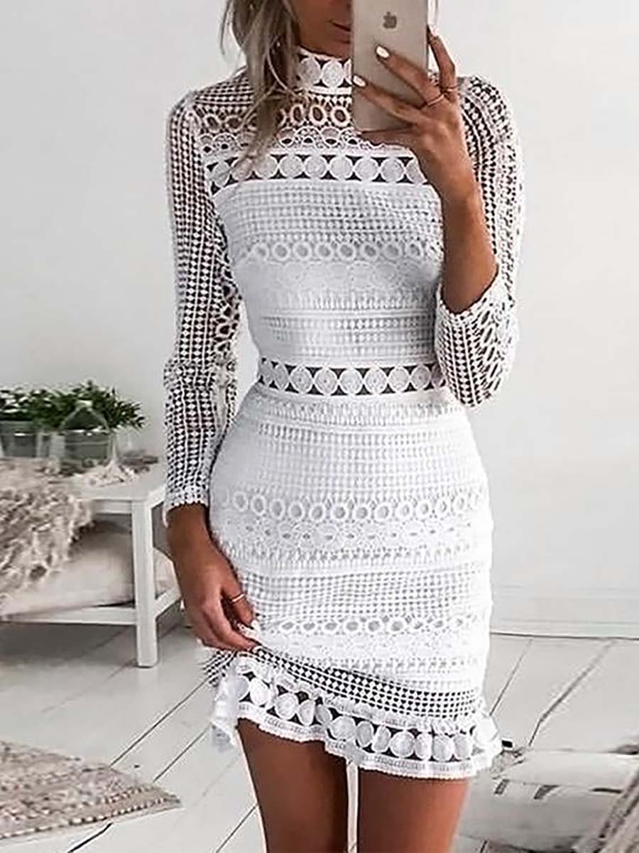 Lunimesd Back Zipper Lace Splice Hollow Out Mini Dress